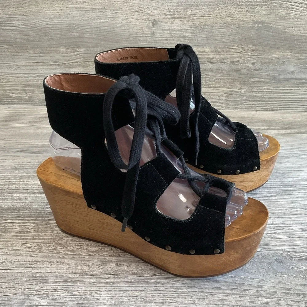 Y2K KDB Womens Sandals Vintage Wedge Size 7 Brazil Lace Up Suede Ankle Strap